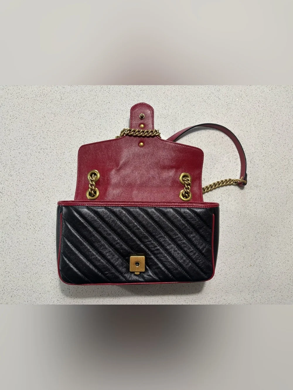 Gucci Marmont Quilted Leather Shoulder Bag size Small - Black with Red Trim